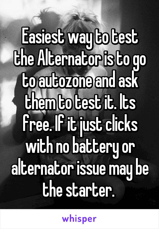 Easiest way to test the Alternator is to go to autozone and ask them to test it. Its free. If it just clicks with no battery or alternator issue may be the starter. 