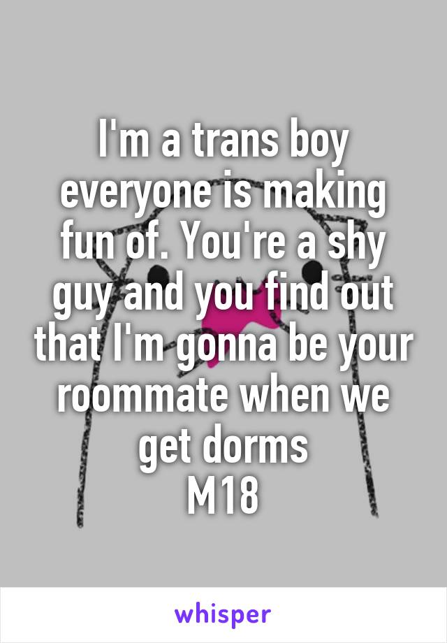 I'm a trans boy everyone is making fun of. You're a shy guy and you find out that I'm gonna be your roommate when we get dorms
M18