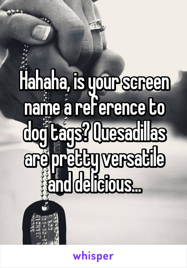 Hahaha, is your screen name a reference to dog tags? Quesadillas are pretty versatile and delicious...