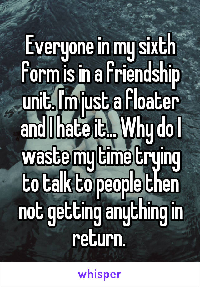 Everyone in my sixth form is in a friendship unit. I'm just a floater and I hate it... Why do I waste my time trying to talk to people then not getting anything in return. 