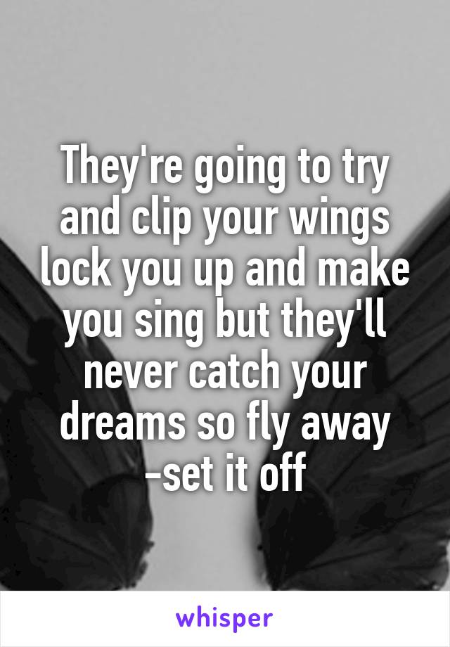 They're going to try and clip your wings lock you up and make you sing but they'll never catch your dreams so fly away
-set it off