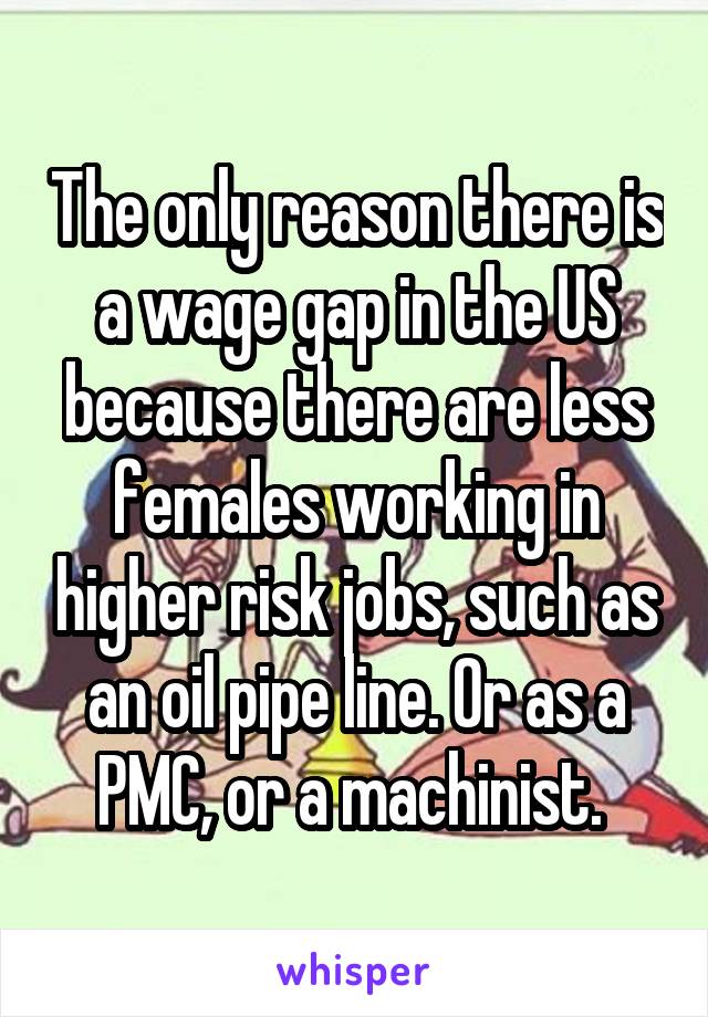 The only reason there is a wage gap in the US because there are less females working in higher risk jobs, such as an oil pipe line. Or as a PMC, or a machinist. 