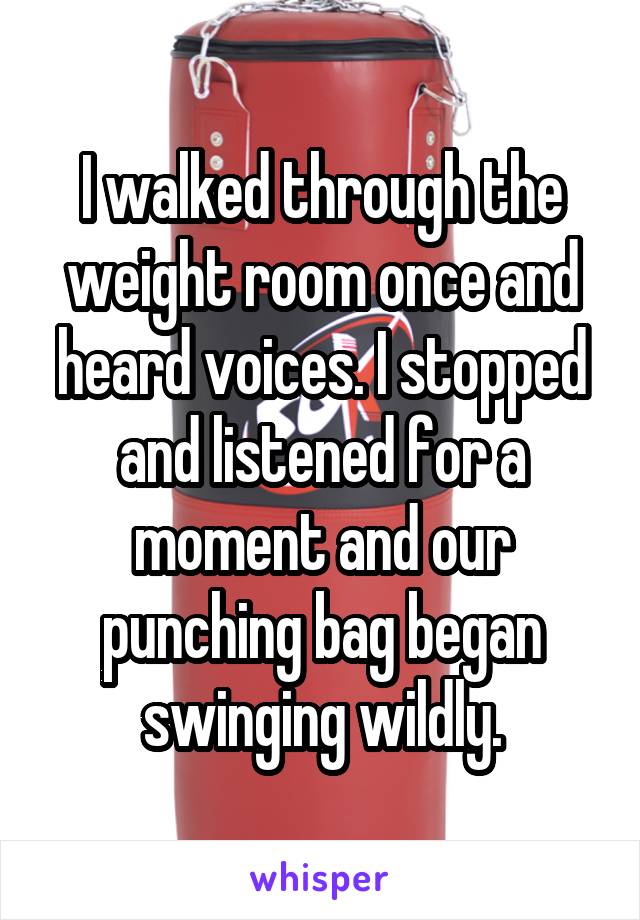 I walked through the weight room once and heard voices. I stopped and listened for a moment and our punching bag began swinging wildly.