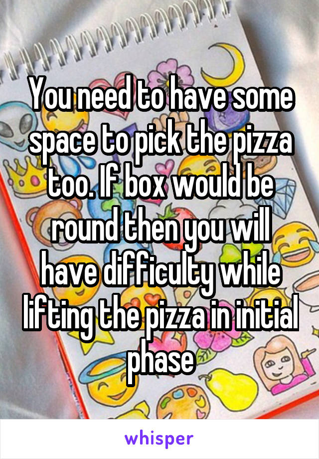 You need to have some space to pick the pizza too. If box would be round then you will have difficulty while lifting the pizza in initial phase