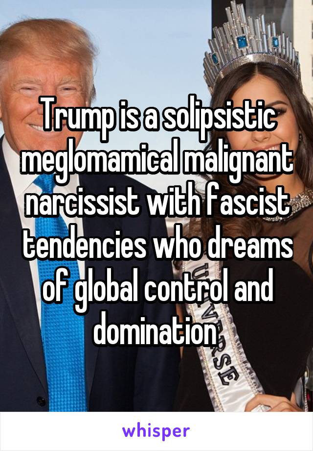 Trump is a solipsistic meglomamical malignant narcissist with fascist tendencies who dreams of global control and domination 