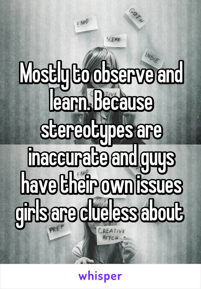 Mostly to observe and learn. Because stereotypes are inaccurate and guys have their own issues girls are clueless about 