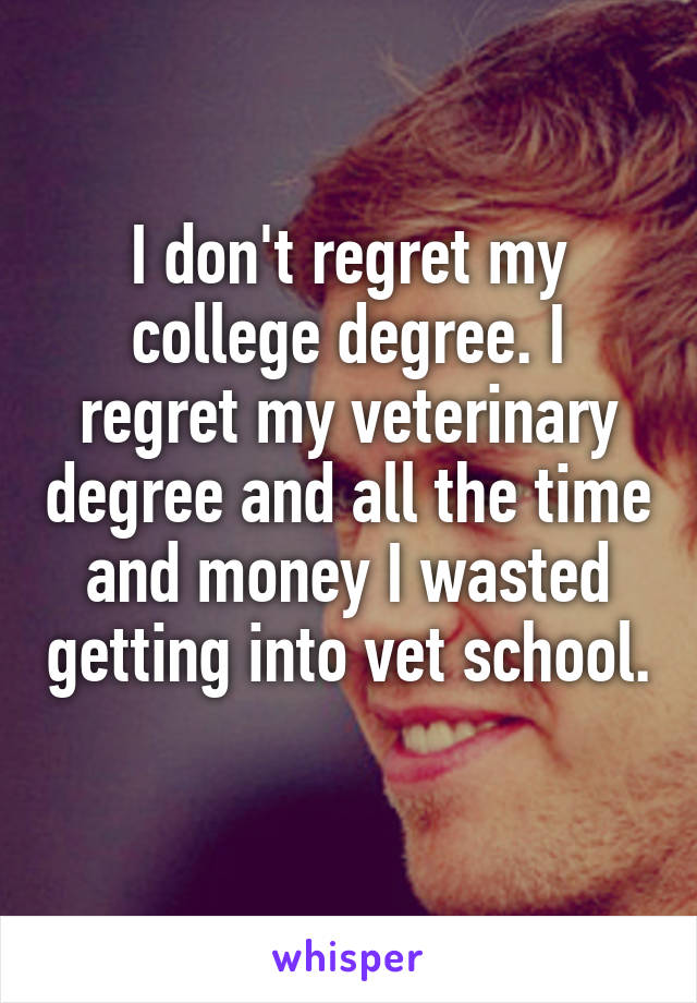 I don't regret my college degree. I regret my veterinary degree and all the time and money I wasted getting into vet school. 