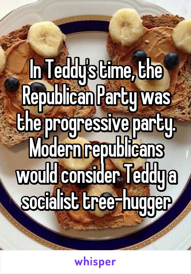 In Teddy's time, the Republican Party was the progressive party. Modern republicans would consider Teddy a socialist tree-hugger