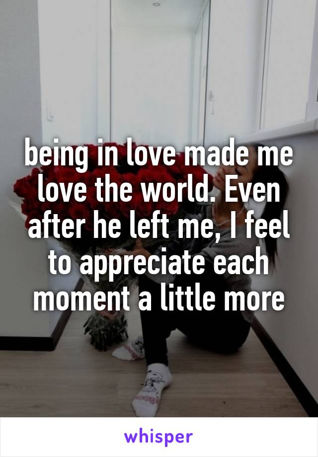 being in love made me love the world. Even after he left me, I feel to appreciate each moment a little more