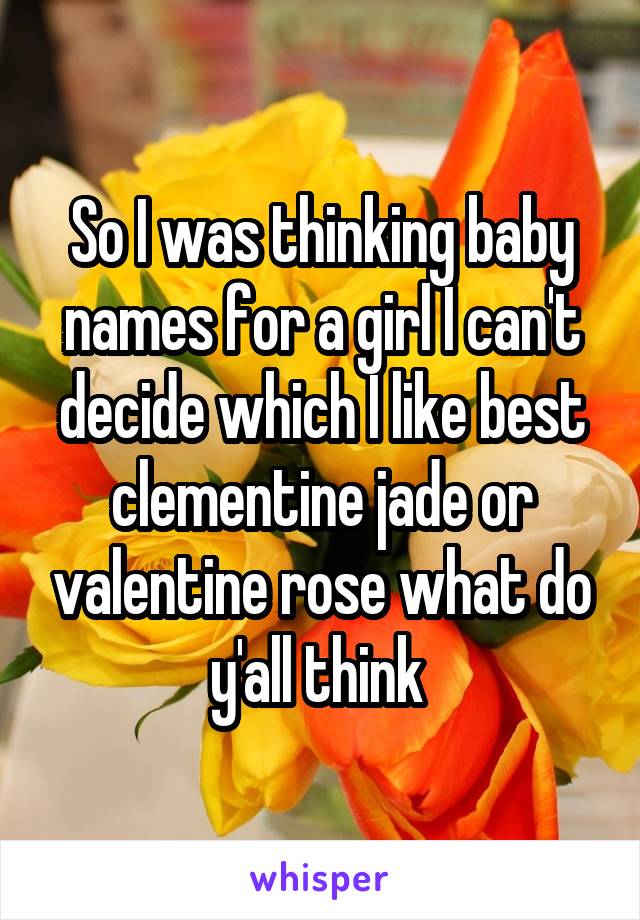 So I was thinking baby names for a girl I can't decide which I like best clementine jade or valentine rose what do y'all think 