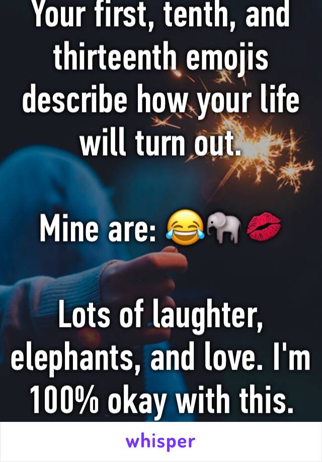 Your first, tenth, and thirteenth emojis describe how your life will turn out. 

Mine are: 😂🐘💋

Lots of laughter, elephants, and love. I'm 100% okay with this. 