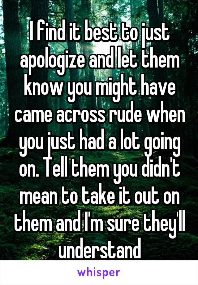 I find it best to just apologize and let them know you might have came across rude when you just had a lot going on. Tell them you didn't mean to take it out on them and I'm sure they'll understand