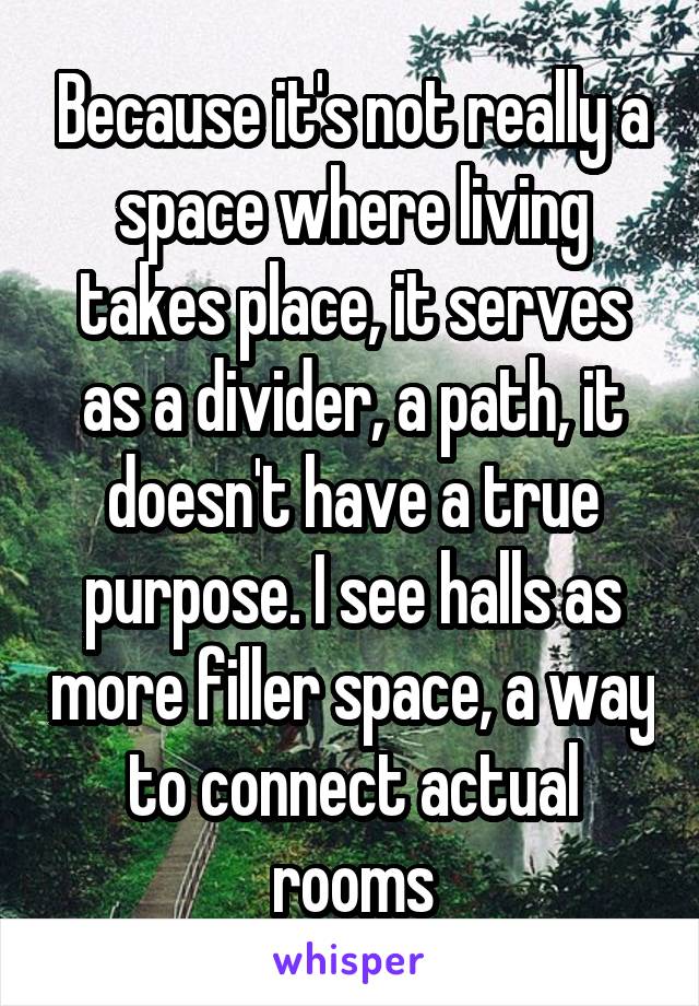 Because it's not really a space where living takes place, it serves as a divider, a path, it doesn't have a true purpose. I see halls as more filler space, a way to connect actual rooms