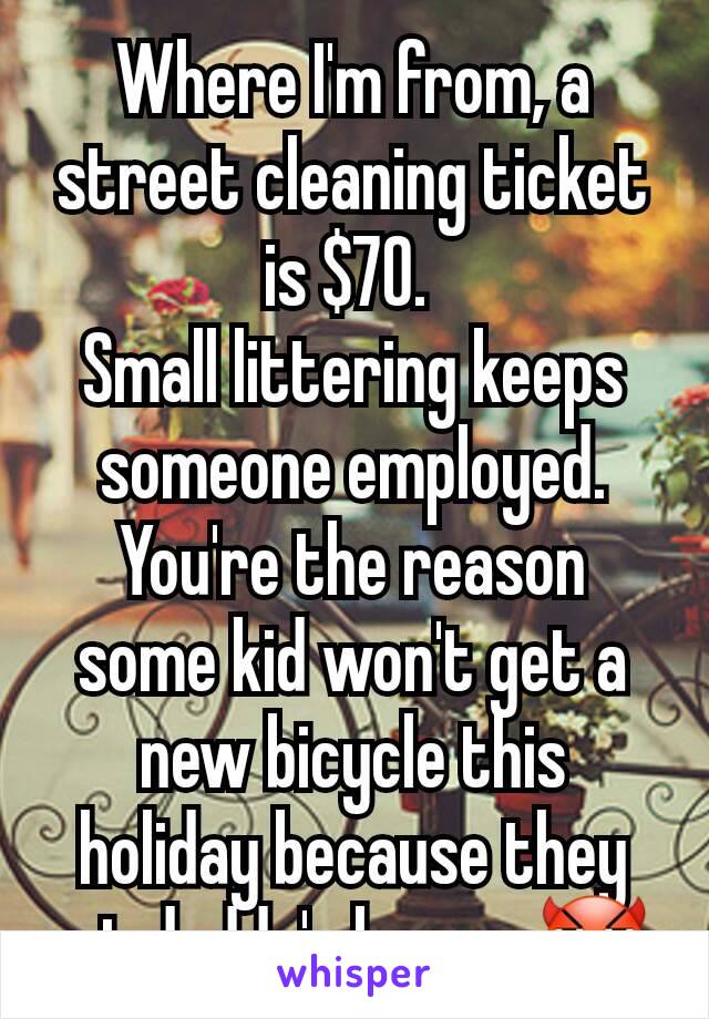 Where I'm from, a street cleaning ticket is $70. 
Small littering keeps someone employed. You're the reason some kid won't get a new bicycle this holiday because they cut daddy's hours. 😈 