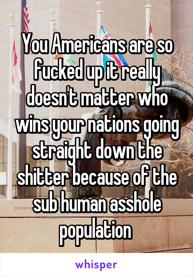 You Americans are so fucked up it really doesn't matter who wins your nations going straight down the shitter because of the sub human asshole population 