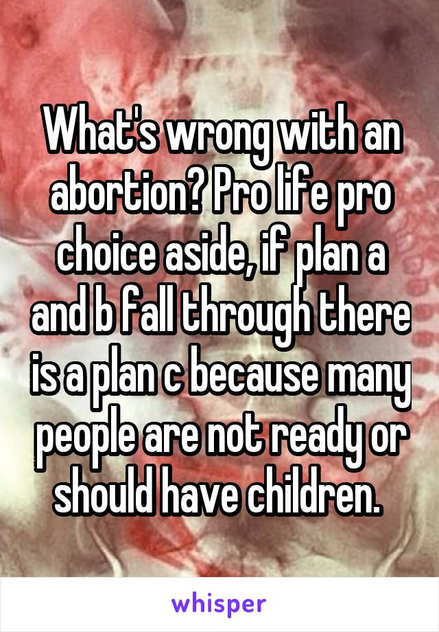 What's wrong with an abortion? Pro life pro choice aside, if plan a and b fall through there is a plan c because many people are not ready or should have children. 