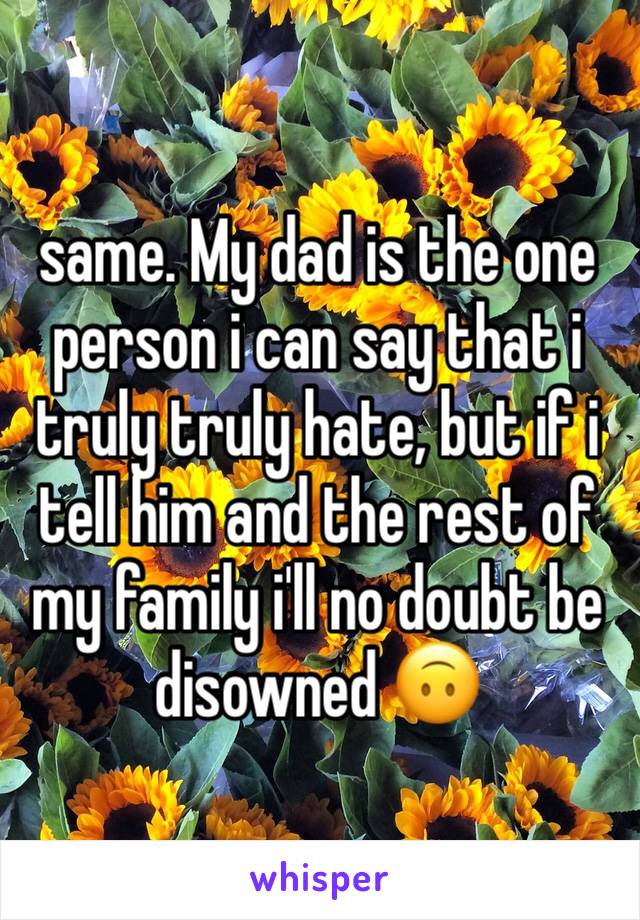 same. My dad is the one person i can say that i truly truly hate, but if i tell him and the rest of my family i'll no doubt be disowned 🙃