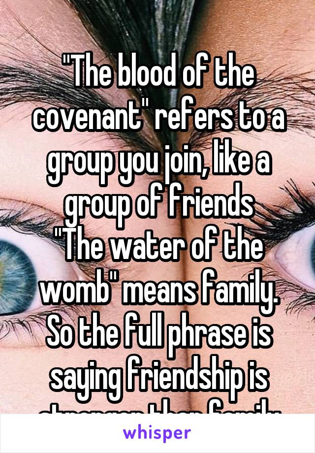 
"The blood of the covenant" refers to a group you join, like a group of friends
"The water of the womb" means family.
So the full phrase is saying friendship is stronger than family