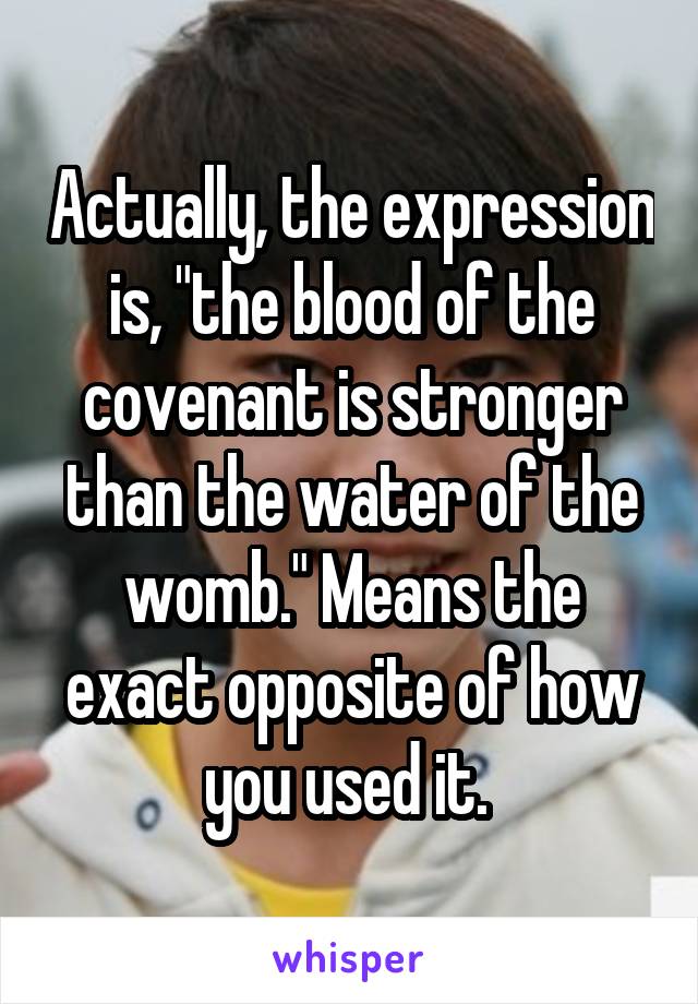 Actually, the expression is, "the blood of the covenant is stronger than the water of the womb." Means the exact opposite of how you used it. 