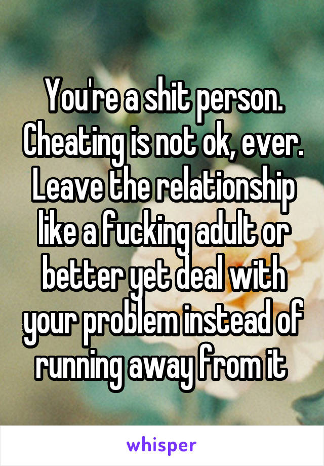 You're a shit person. Cheating is not ok, ever. Leave the relationship like a fucking adult or better yet deal with your problem instead of running away from it 
