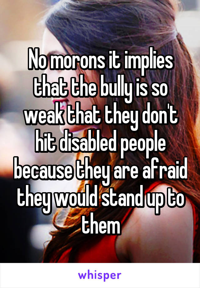 No morons it implies that the bully is so weak that they don't hit disabled people because they are afraid they would stand up to them