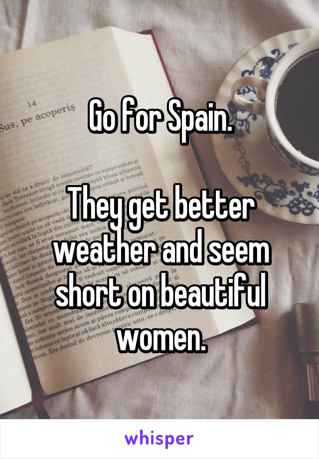 Go for Spain.

They get better weather and seem short on beautiful women.