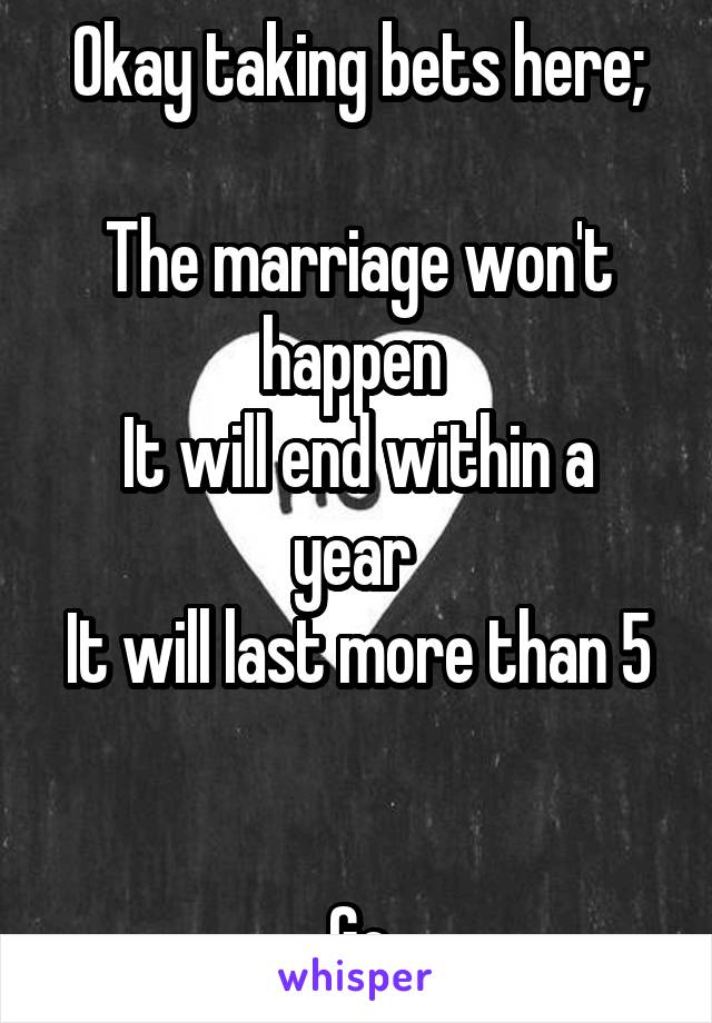 Okay taking bets here;

The marriage won't happen 
It will end within a year 
It will last more than 5 

Go