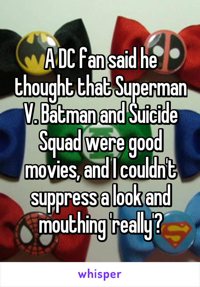 A DC fan said he thought that Superman V. Batman and Suicide Squad were good movies, and I couldn't suppress a look and mouthing 'really'?