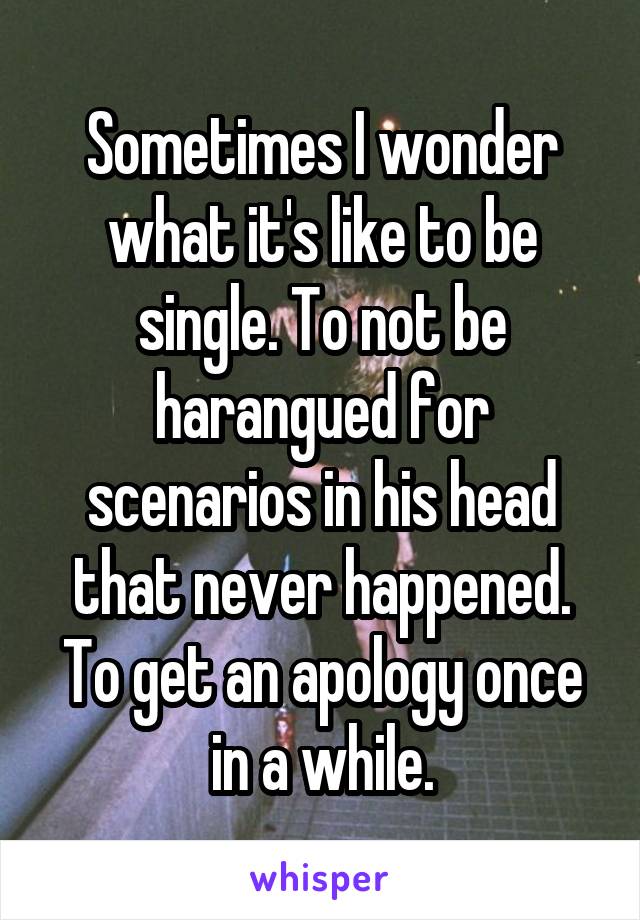 Sometimes I wonder what it's like to be single. To not be harangued for scenarios in his head that never happened. To get an apology once in a while.