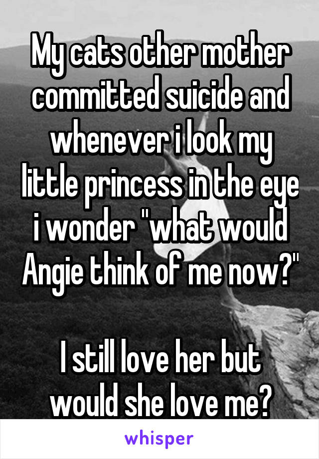 My cats other mother committed suicide and whenever i look my little princess in the eye i wonder "what would Angie think of me now?"

I still love her but would she love me?