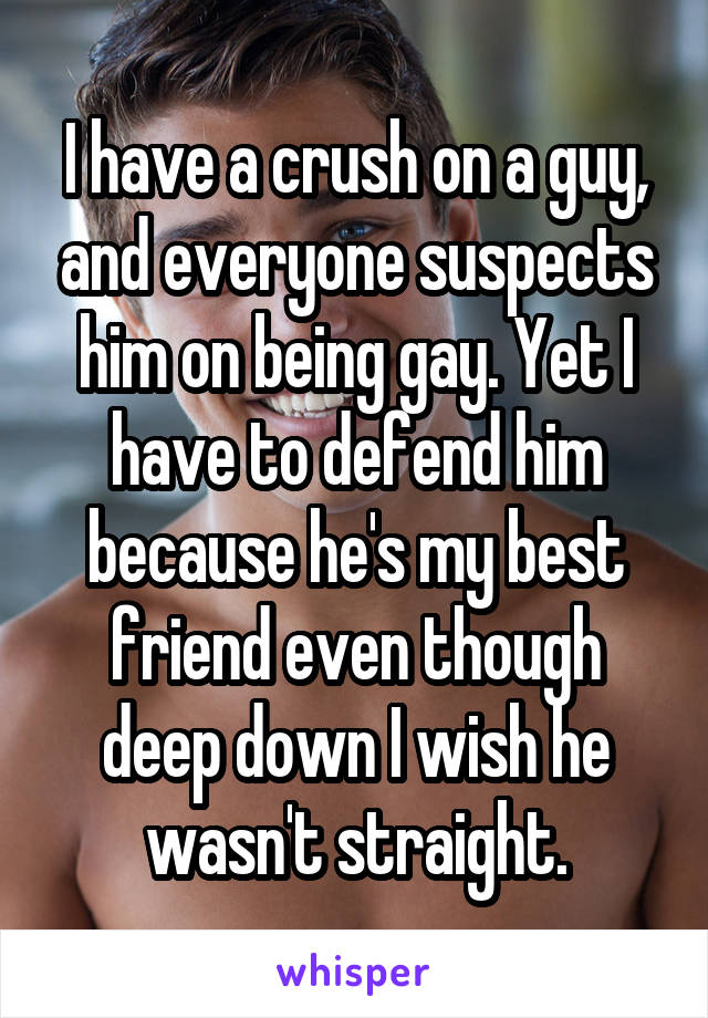 I have a crush on a guy, and everyone suspects him on being gay. Yet I have to defend him because he's my best friend even though deep down I wish he wasn't straight.