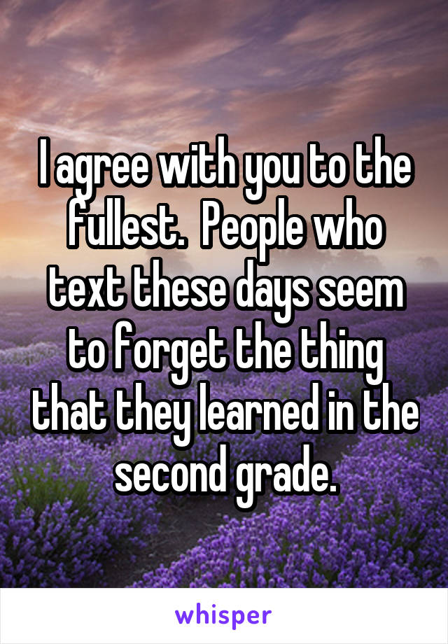 I agree with you to the fullest.  People who text these days seem to forget the thing that they learned in the second grade.