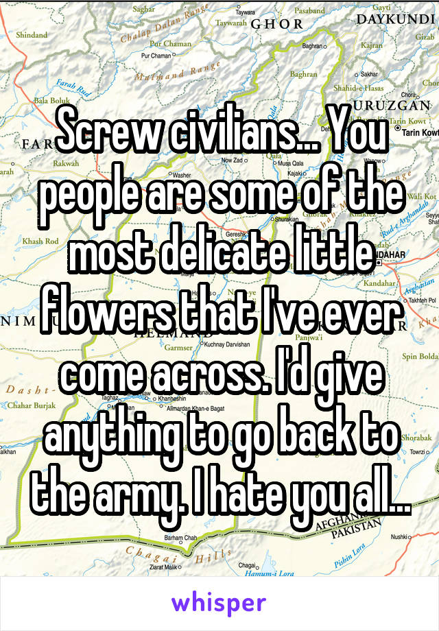 Screw civilians... You people are some of the most delicate little flowers that I've ever come across. I'd give anything to go back to the army. I hate you all...