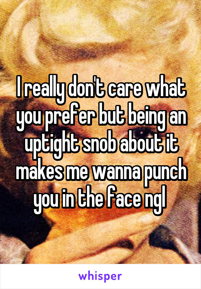 I really don't care what you prefer but being an uptight snob about it makes me wanna punch you in the face ngl 
