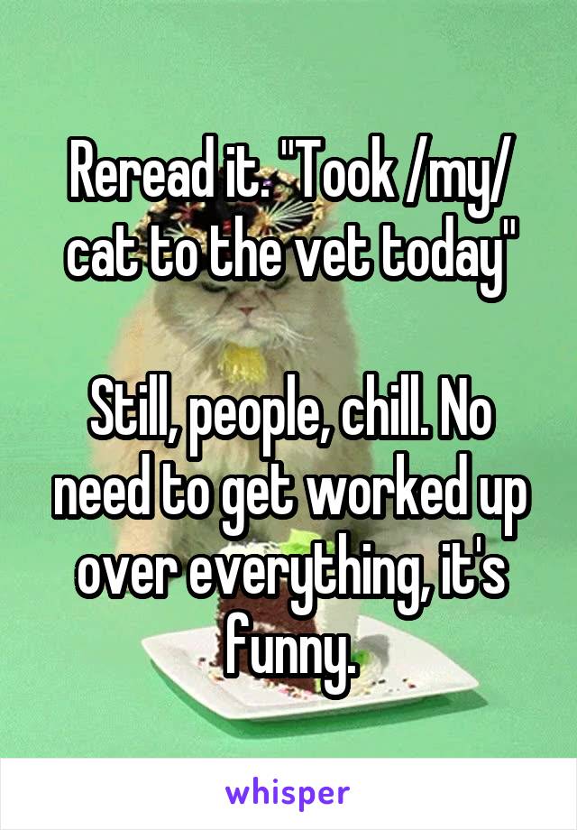 Reread it. "Took /my/ cat to the vet today"

Still, people, chill. No need to get worked up over everything, it's funny.