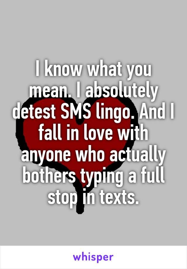 I know what you mean. I absolutely detest SMS lingo. And I fall in love with anyone who actually bothers typing a full stop in texts.