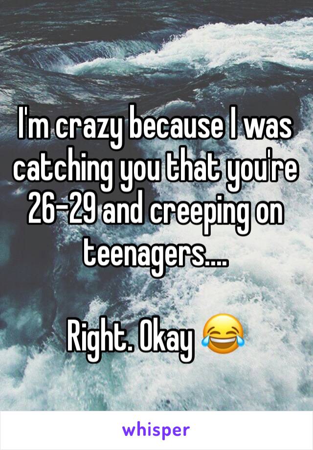 I'm crazy because I was catching you that you're 26-29 and creeping on teenagers.... 

Right. Okay 😂