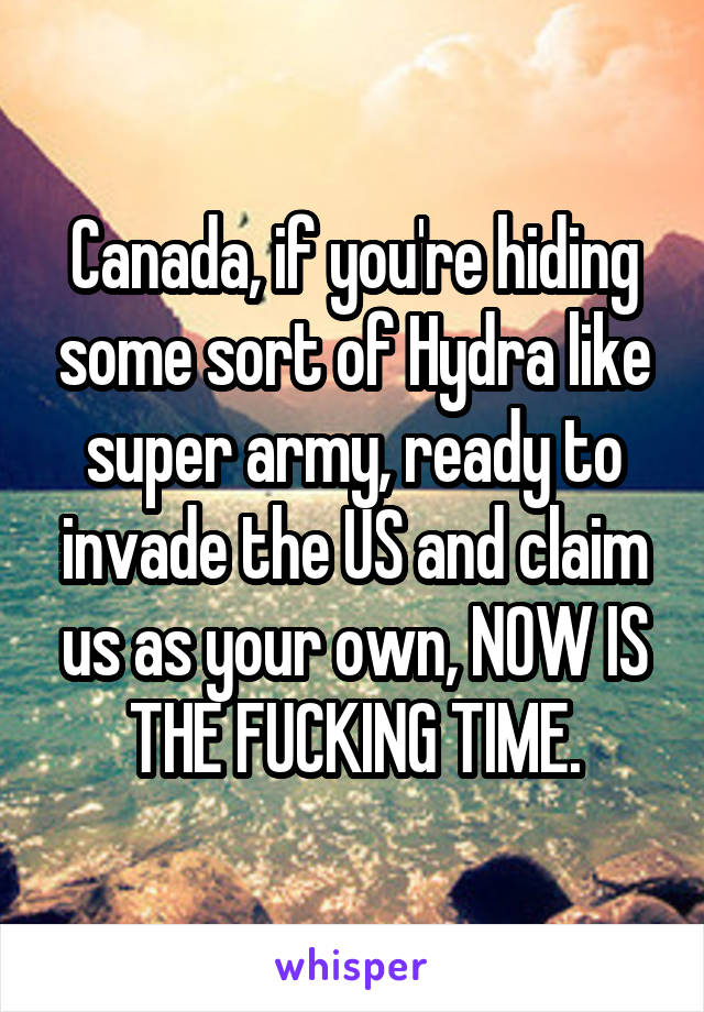 Canada, if you're hiding some sort of Hydra like super army, ready to invade the US and claim us as your own, NOW IS THE FUCKING TIME.