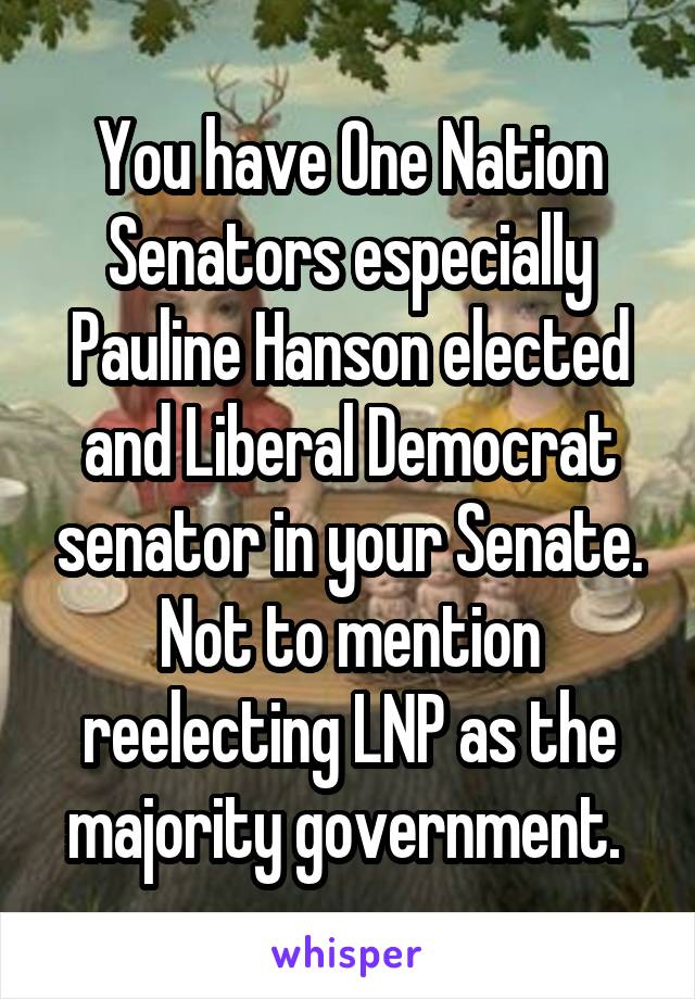 You have One Nation Senators especially Pauline Hanson elected and Liberal Democrat senator in your Senate. Not to mention reelecting LNP as the majority government. 