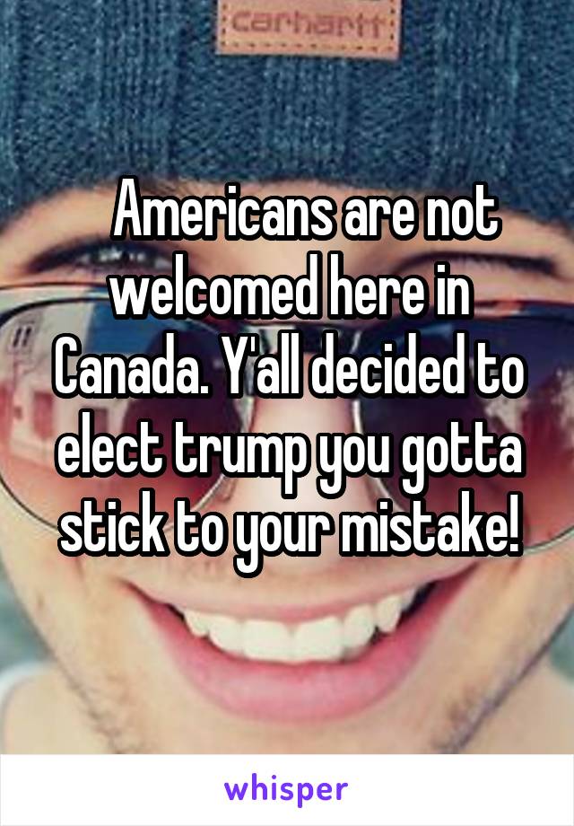    Americans are not welcomed here in Canada. Y'all decided to elect trump you gotta stick to your mistake!
