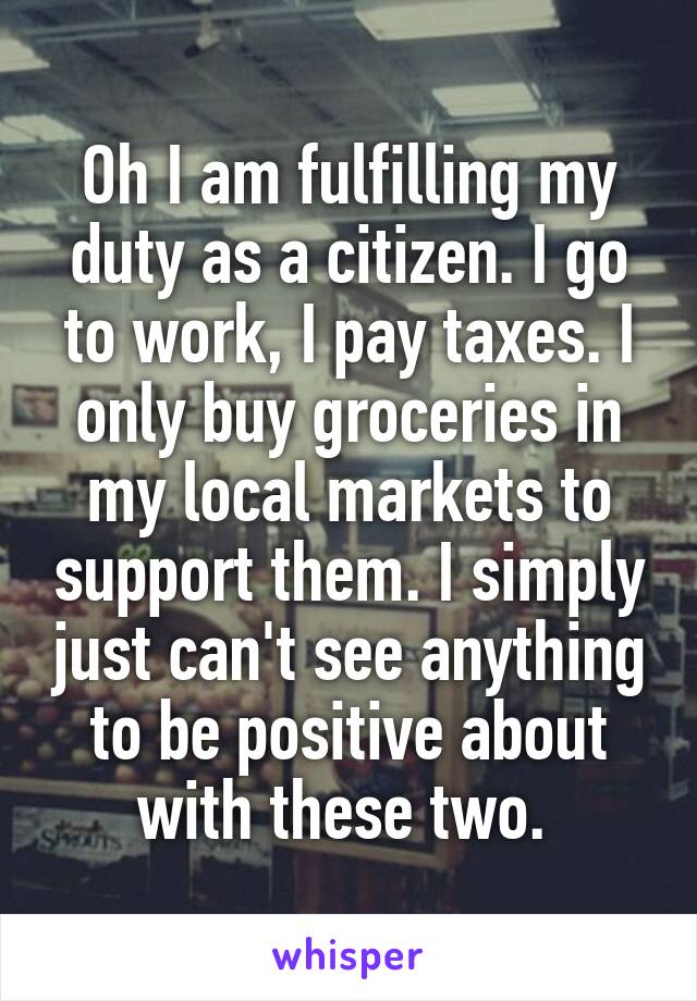 Oh I am fulfilling my duty as a citizen. I go to work, I pay taxes. I only buy groceries in my local markets to support them. I simply just can't see anything to be positive about with these two. 