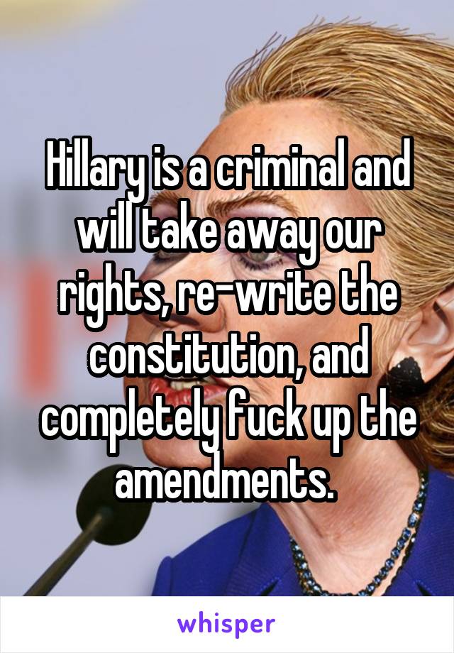 Hillary is a criminal and will take away our rights, re-write the constitution, and completely fuck up the amendments. 