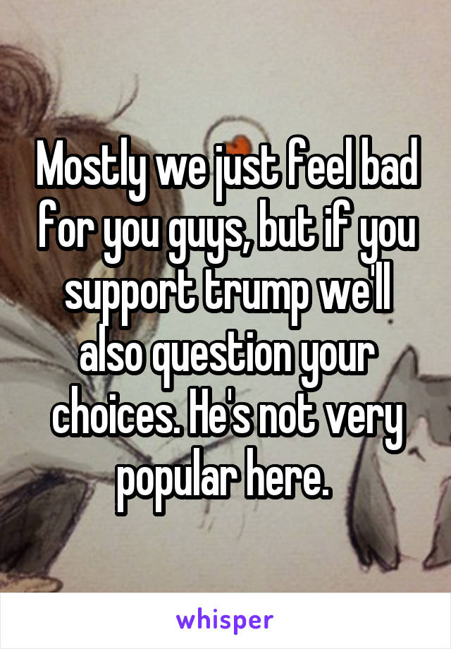 Mostly we just feel bad for you guys, but if you support trump we'll also question your choices. He's not very popular here. 