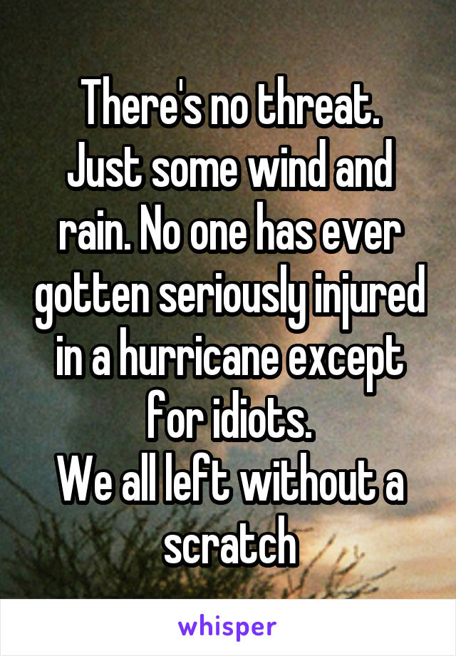 There's no threat.
Just some wind and rain. No one has ever gotten seriously injured in a hurricane except for idiots.
We all left without a scratch