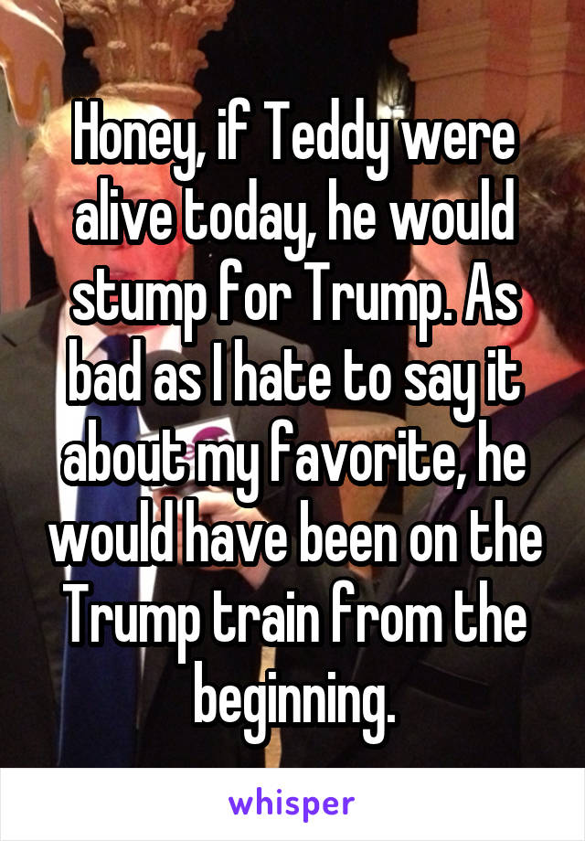 Honey, if Teddy were alive today, he would stump for Trump. As bad as I hate to say it about my favorite, he would have been on the Trump train from the beginning.