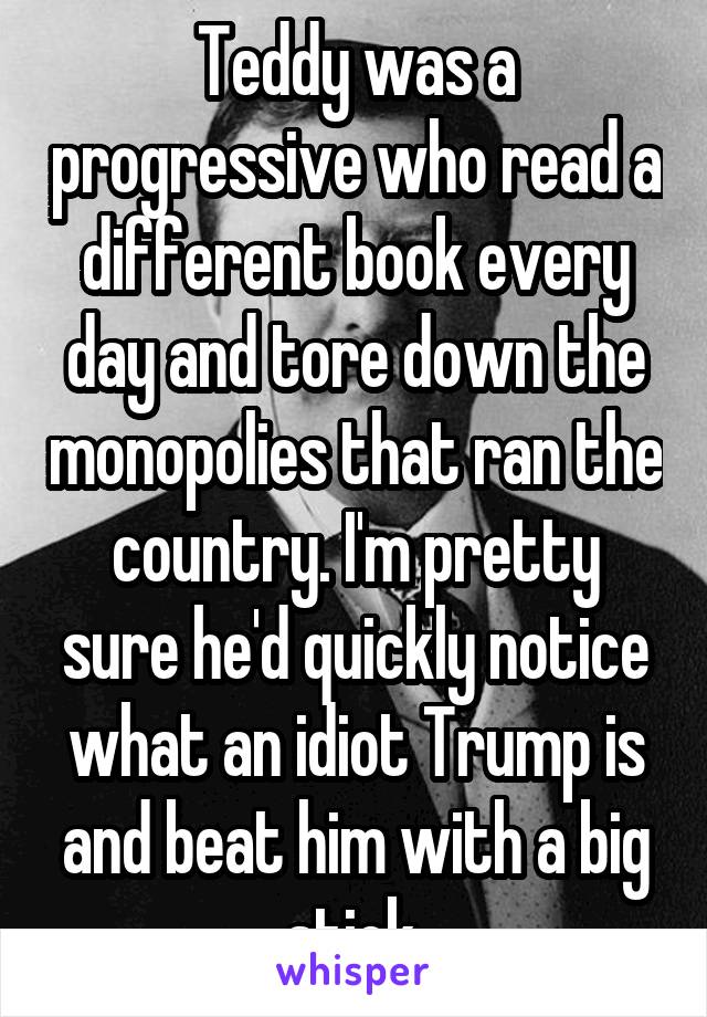 Teddy was a progressive who read a different book every day and tore down the monopolies that ran the country. I'm pretty sure he'd quickly notice what an idiot Trump is and beat him with a big stick.