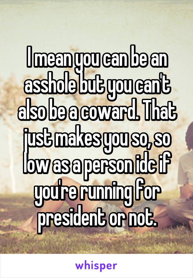 I mean you can be an asshole but you can't also be a coward. That just makes you so, so low as a person idc if you're running for president or not.