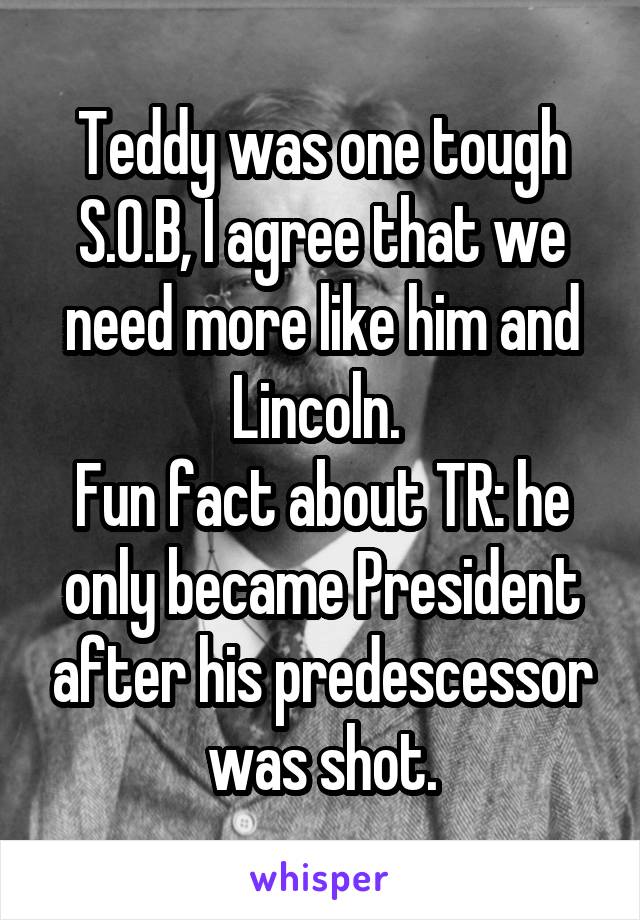 Teddy was one tough S.O.B, I agree that we need more like him and Lincoln. 
Fun fact about TR: he only became President after his predescessor was shot.