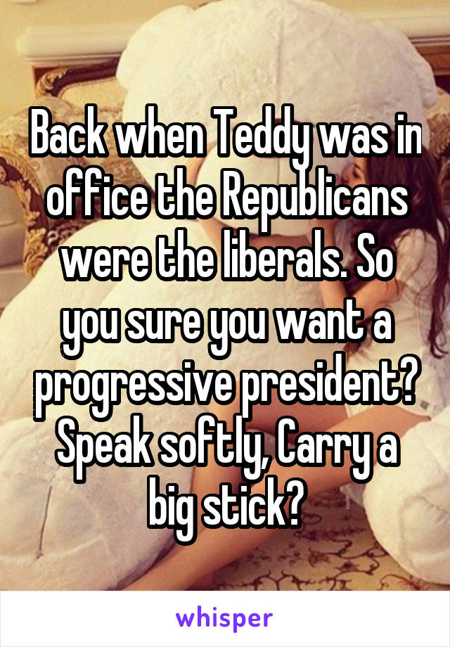 Back when Teddy was in office the Republicans were the liberals. So you sure you want a progressive president? Speak softly, Carry a big stick?