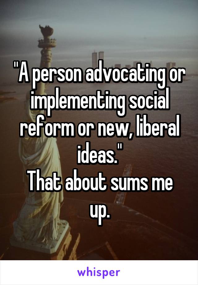 "A person advocating or implementing social reform or new, liberal ideas."
That about sums me up.